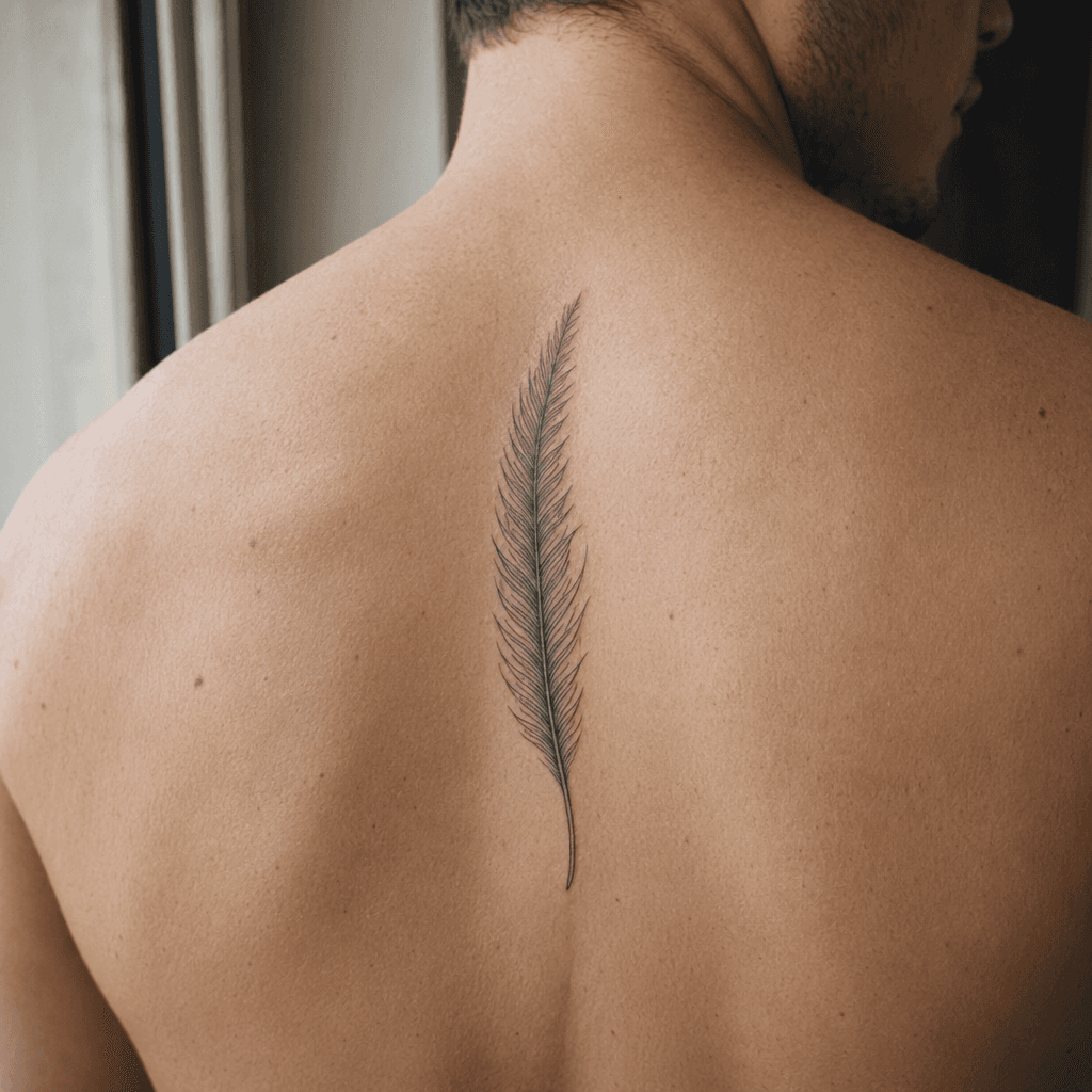 idée tatouage dos plume minimaliste verticale