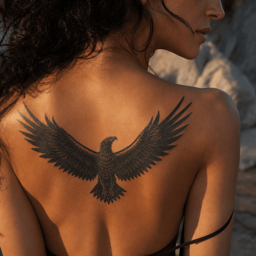idée tatouage dos aigle blackwork ailes déployées