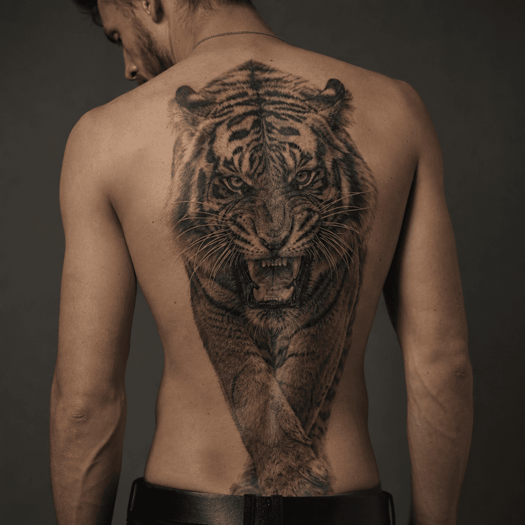 idée tatouage dos tigre réaliste rugissant