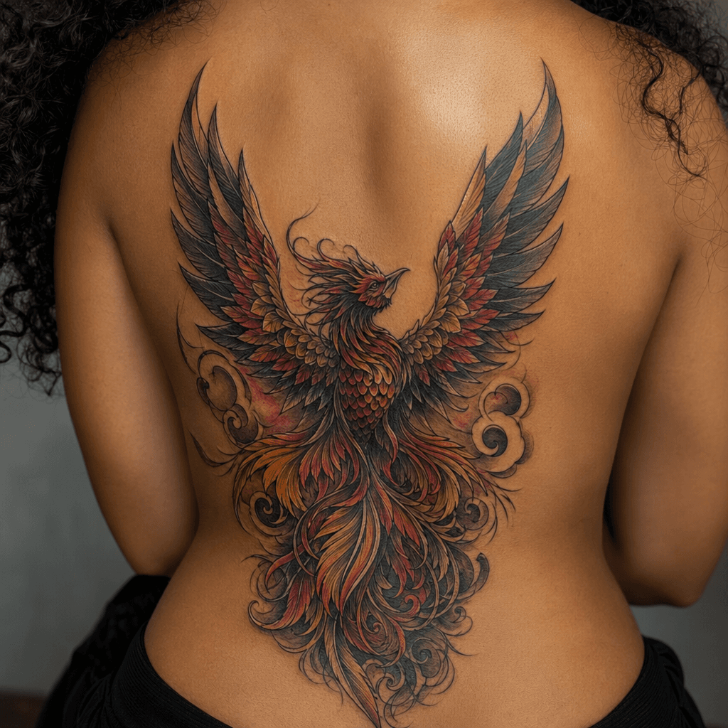 idée tatouage dos phénix néo-traditionnel