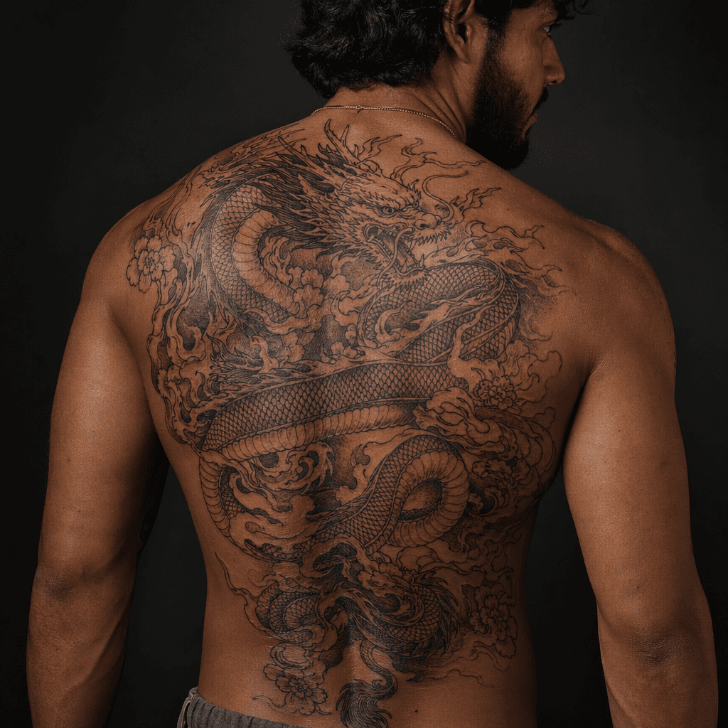 idée tatouage dos dragon japonais sinueux