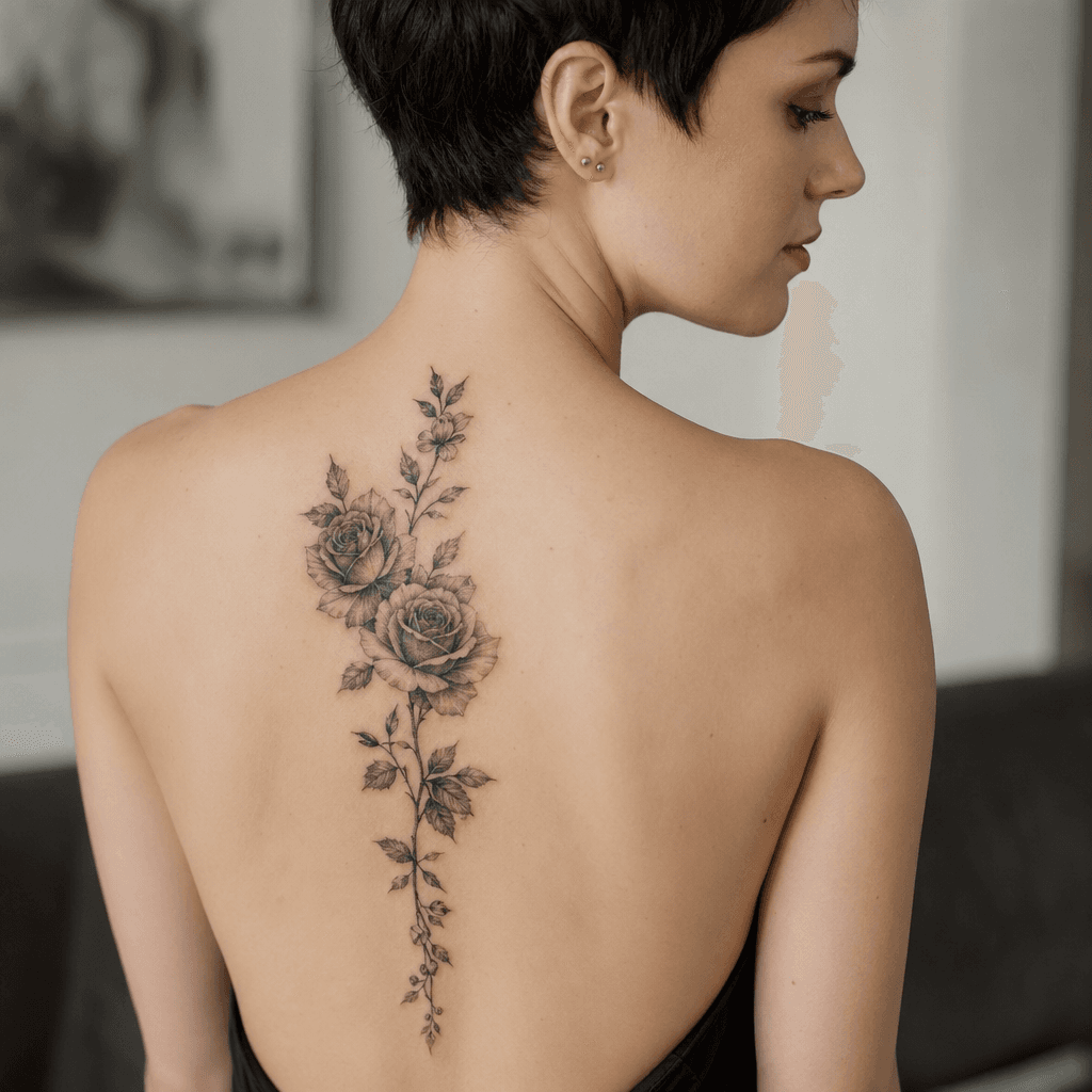 idée tatouage dos roses florales descendantes