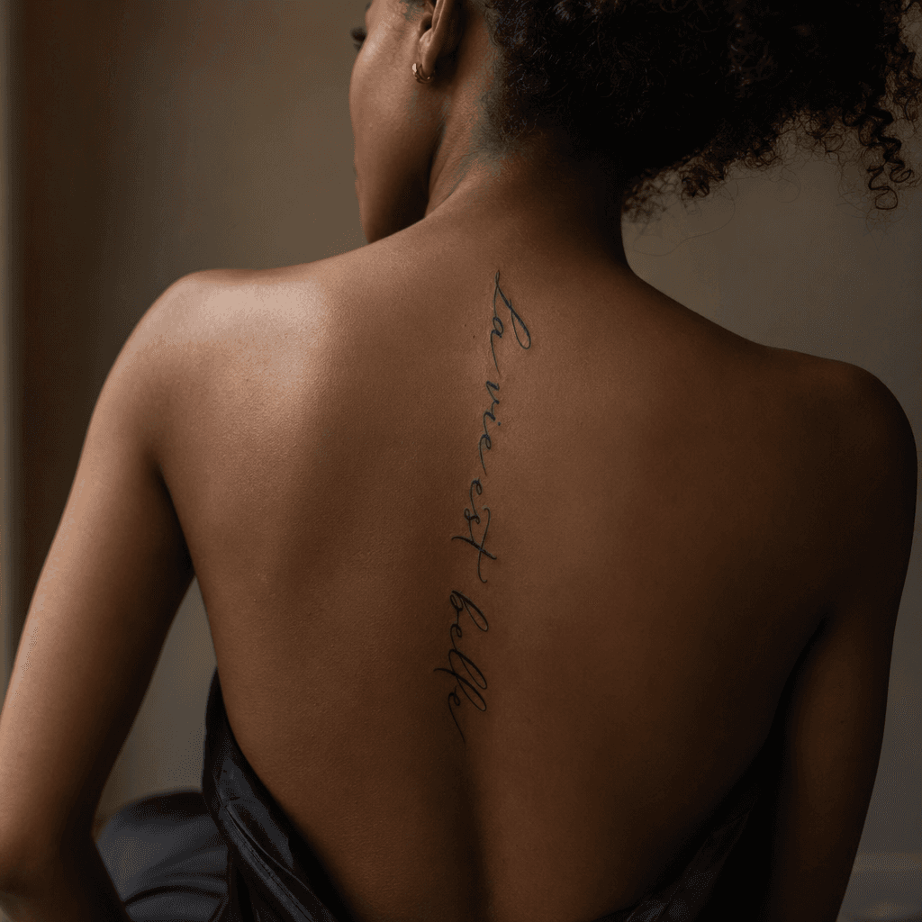 idée tatouage dos phrase verticale calligraphiée