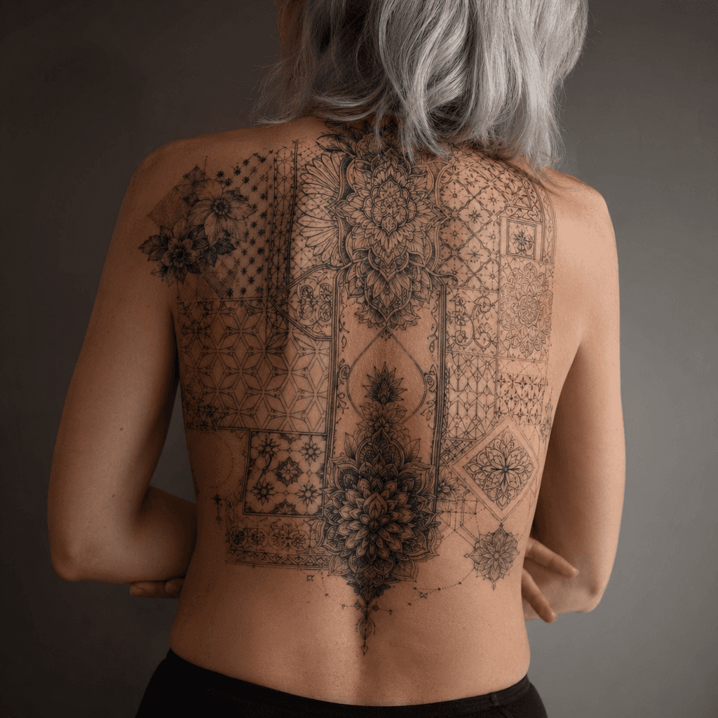idée tatouage dos patchwork dorsal éclectique