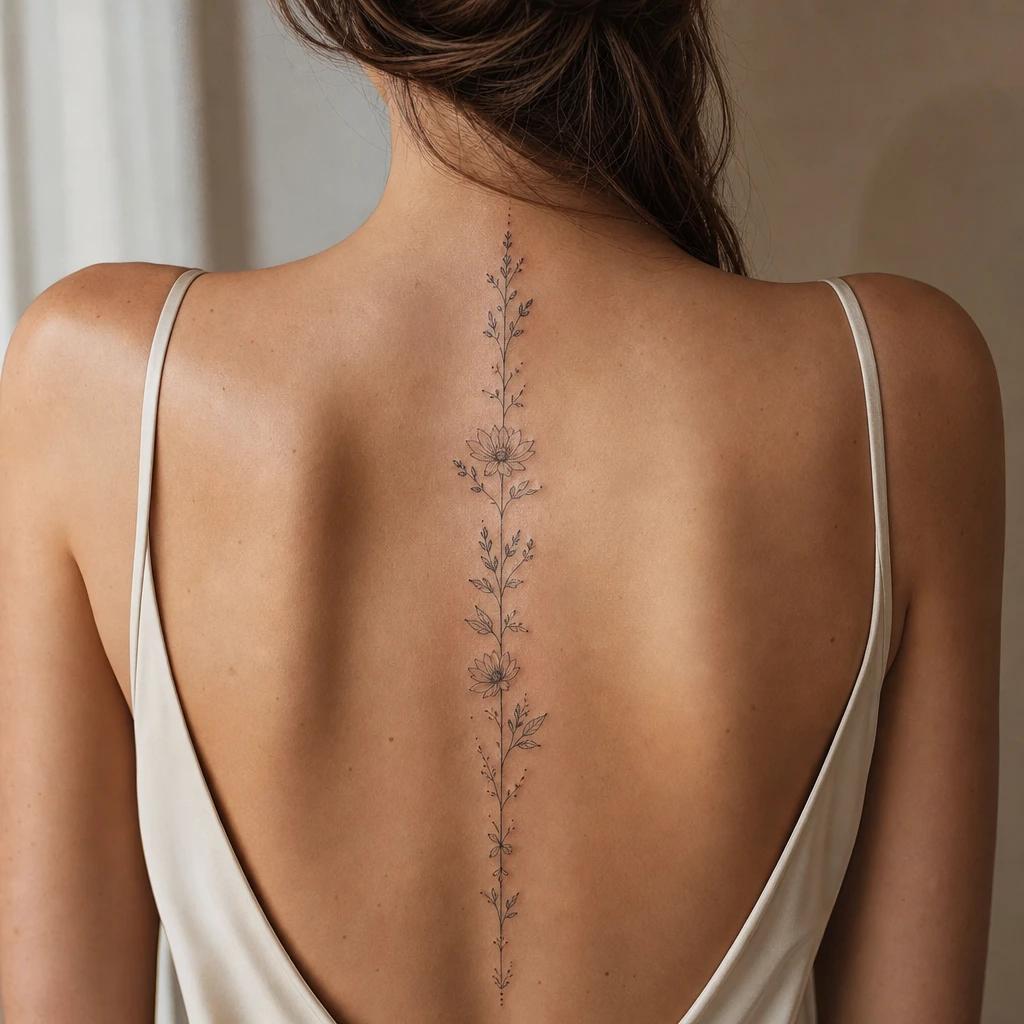 idée tatouage dos femme colonne florale fine line