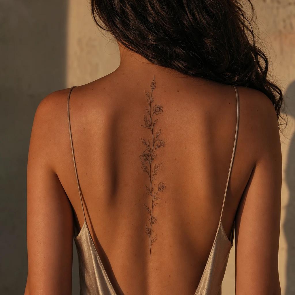 idée tatouage dos femme colonne florale fine line