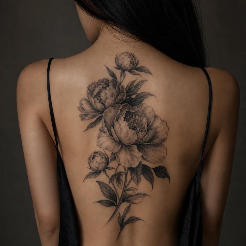 idée tatouage dos femme pivoines réalistes omoplate