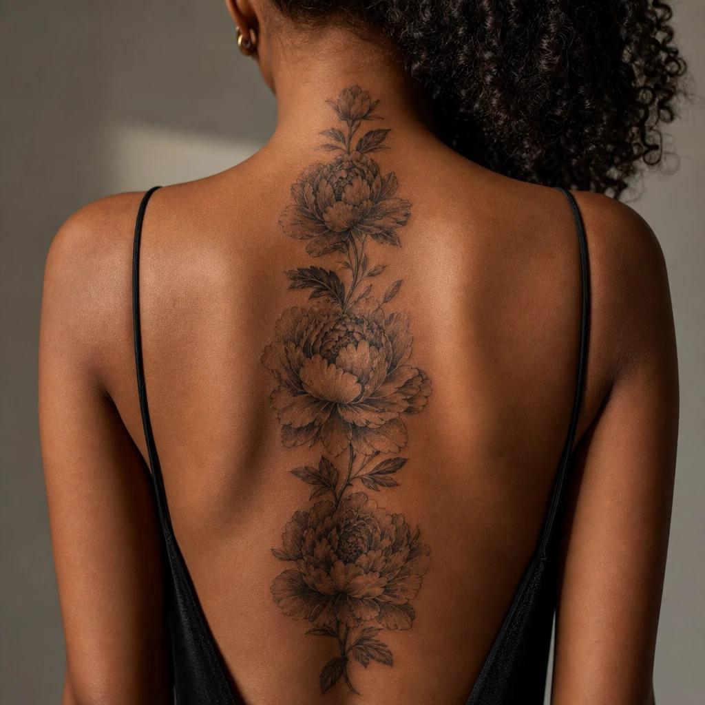 idée tatouage dos femme pivoines réalistes omoplate