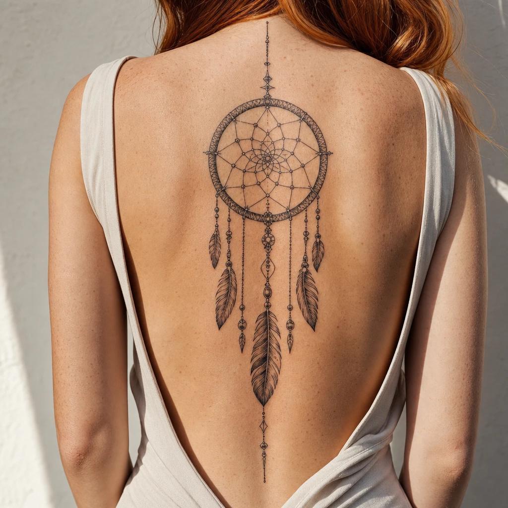 idée tatouage dos femme attrape-rêve dos