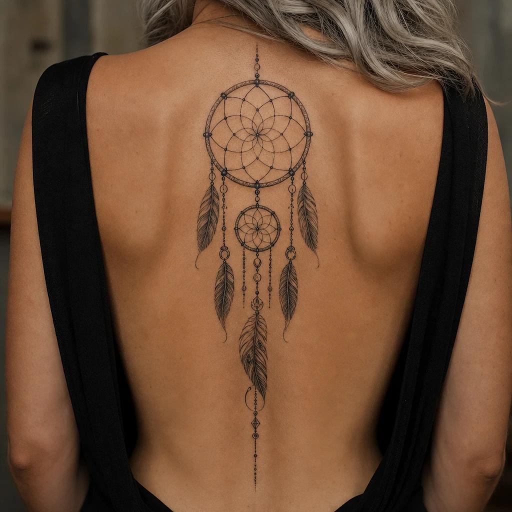 idée tatouage dos femme attrape-rêve dos