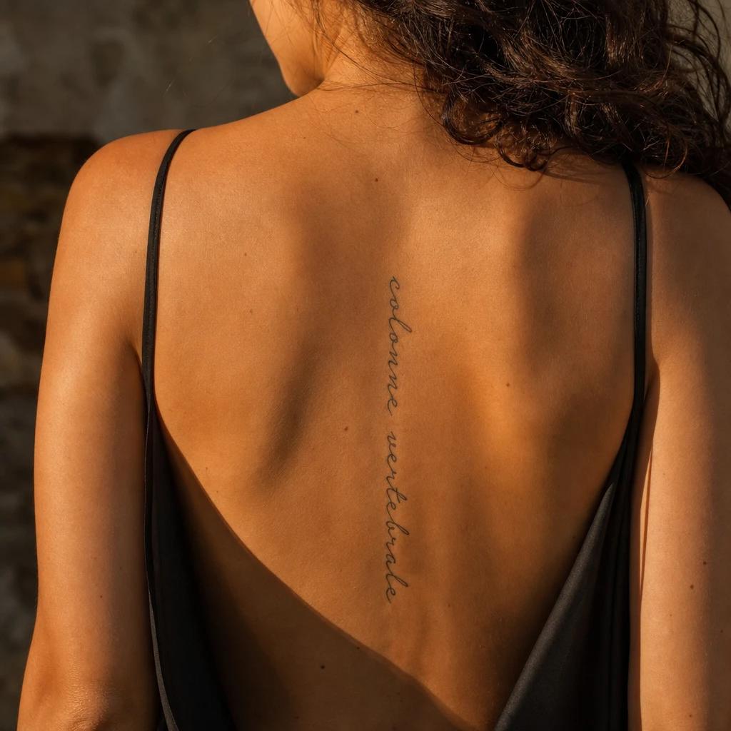 idée tatouage dos femme phrase colonne vertébrale