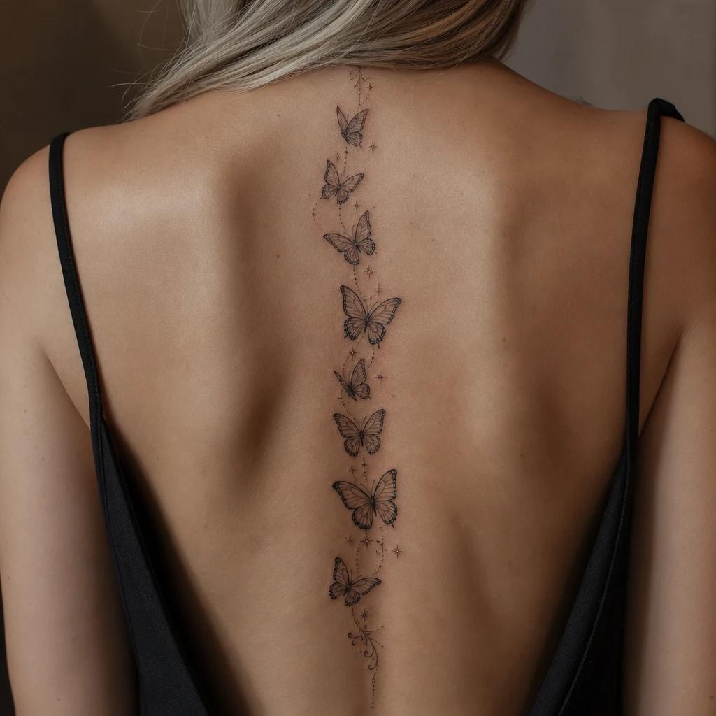idée tatouage dos femme papillons en cascade