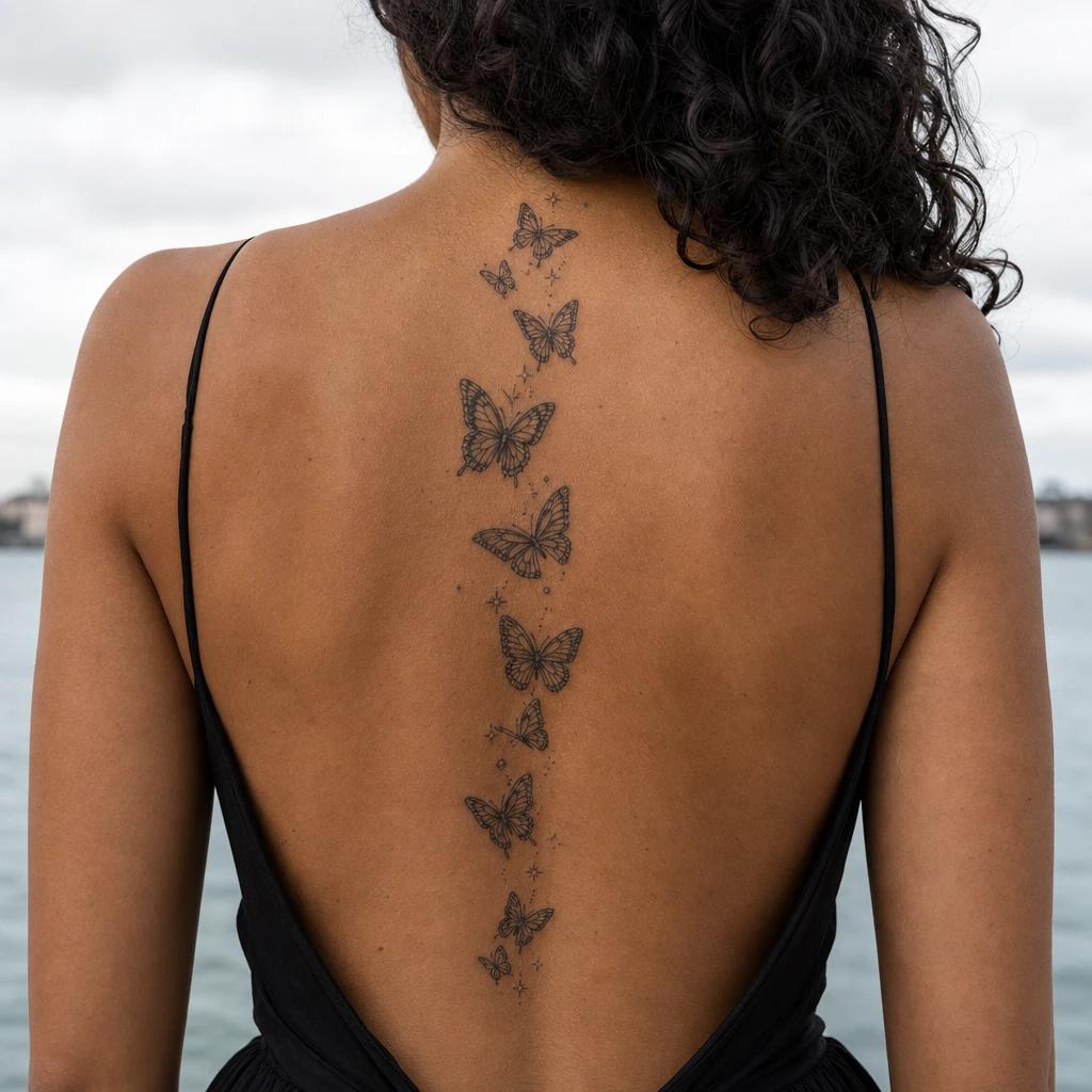 idée tatouage dos femme papillons en cascade