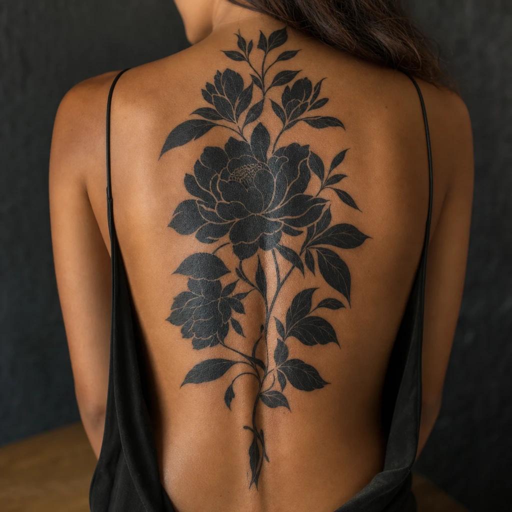 idée tatouage dos femme blackwork floral grande pièce