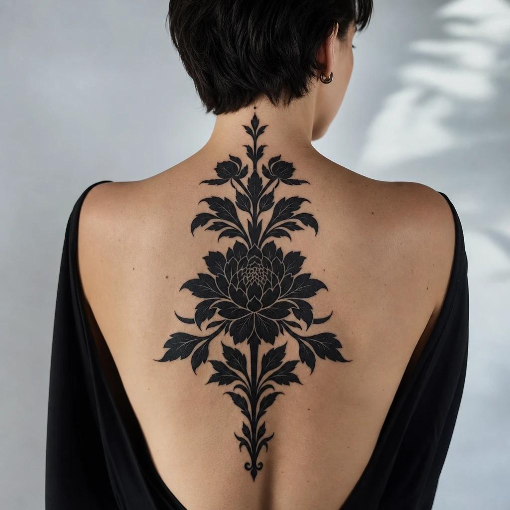 idée tatouage dos femme blackwork floral grande pièce