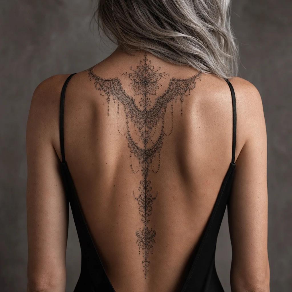 idée tatouage dos femme ornemental dentelle dorsale