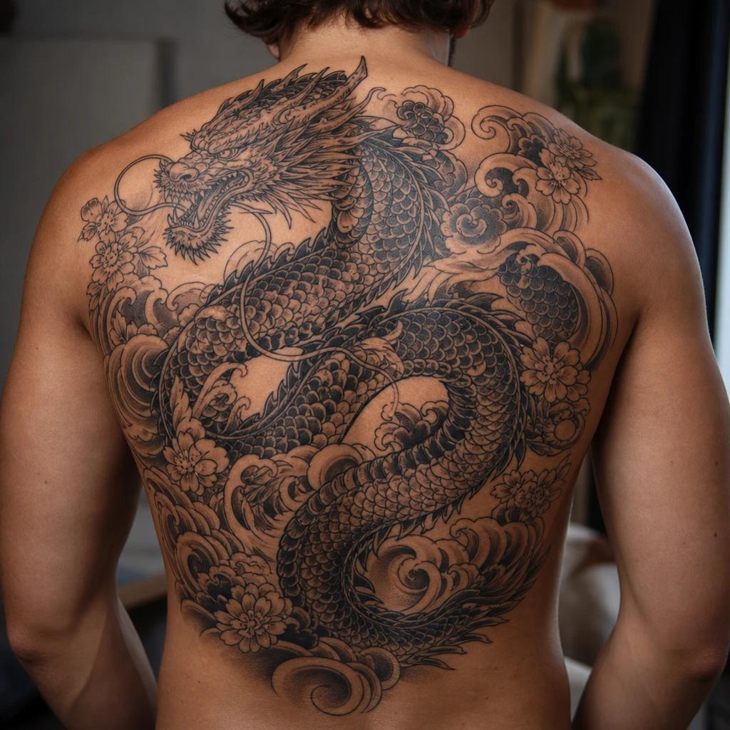 idée tatouage dos homme dragon japonais irezumi