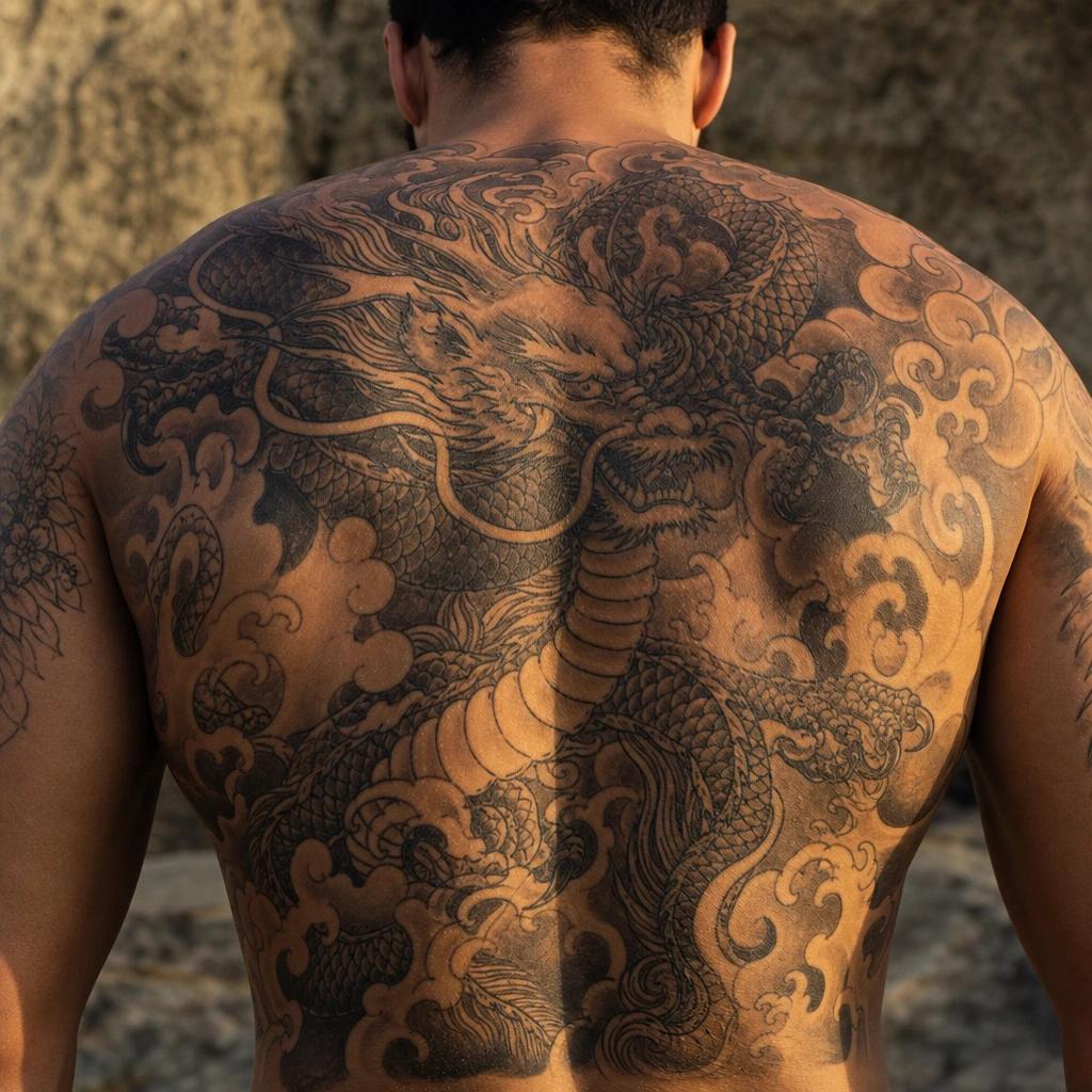idée tatouage dos homme dragon japonais irezumi