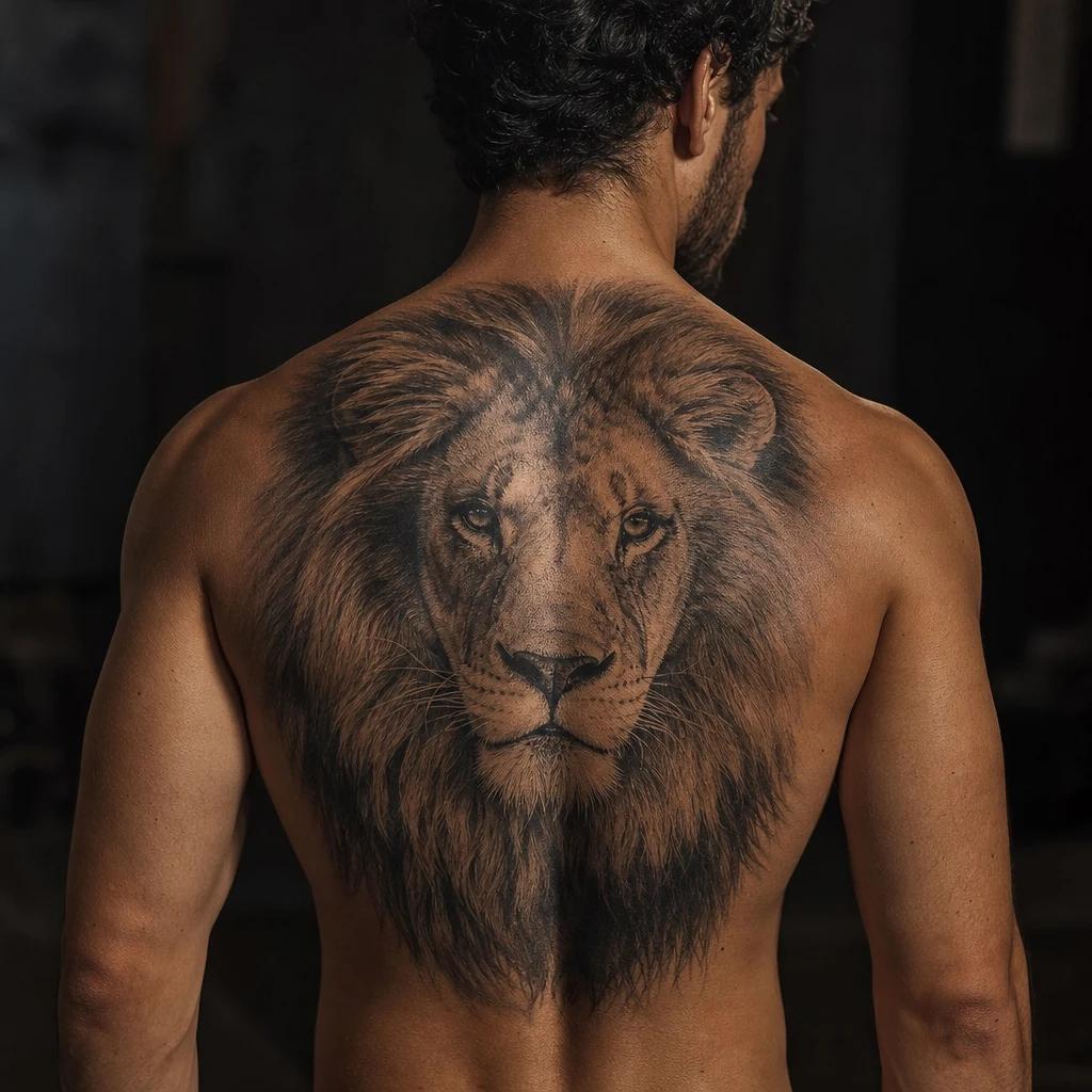 idée tatouage dos homme lion réaliste haut du dos