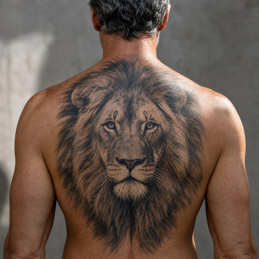 idée tatouage dos homme lion réaliste haut du dos