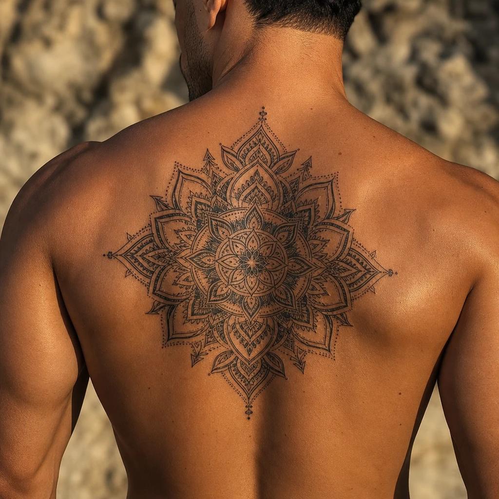 idée tatouage dos homme mandala dorsal central