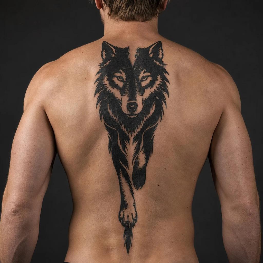 idée tatouage dos homme loup blackwork