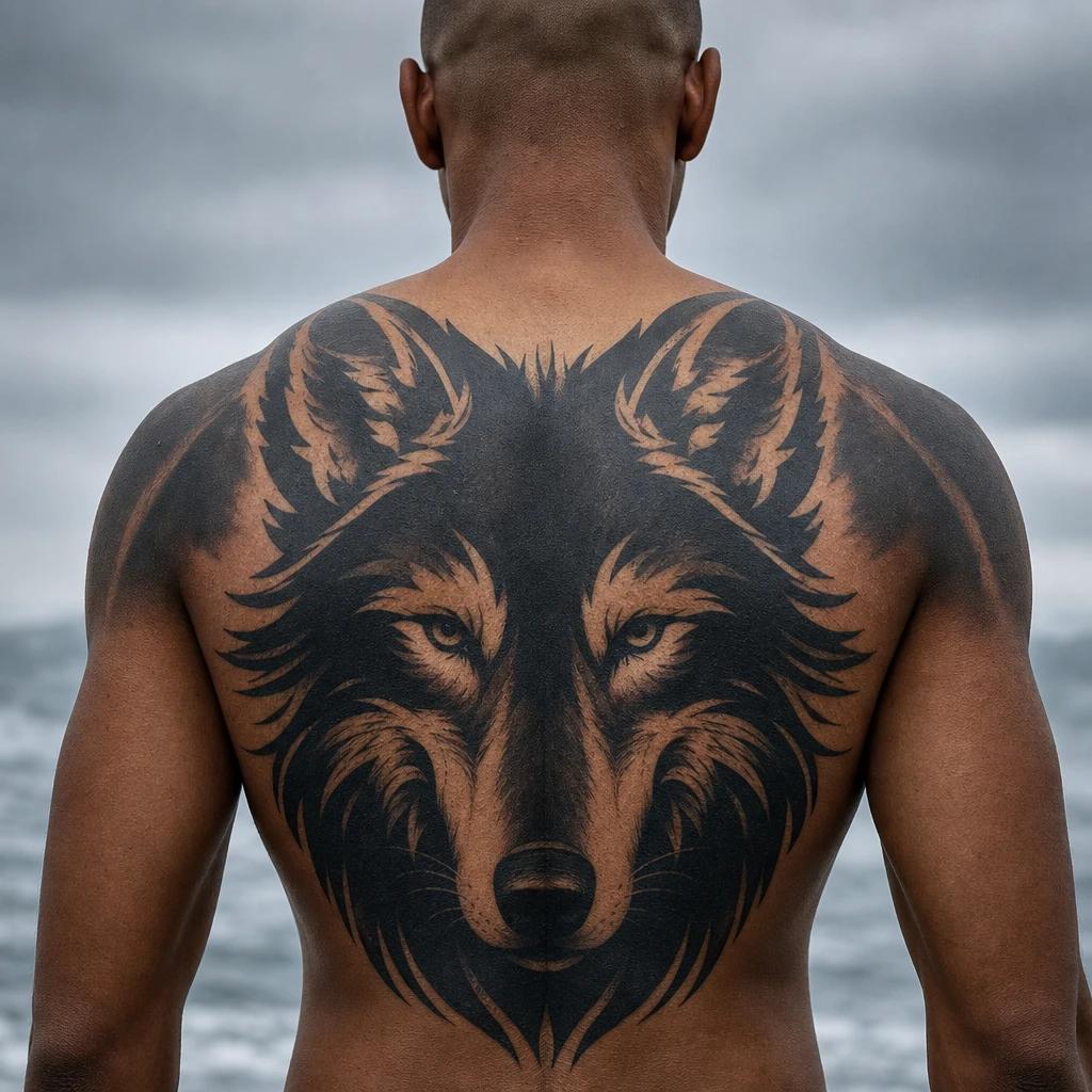 idée tatouage dos homme loup blackwork