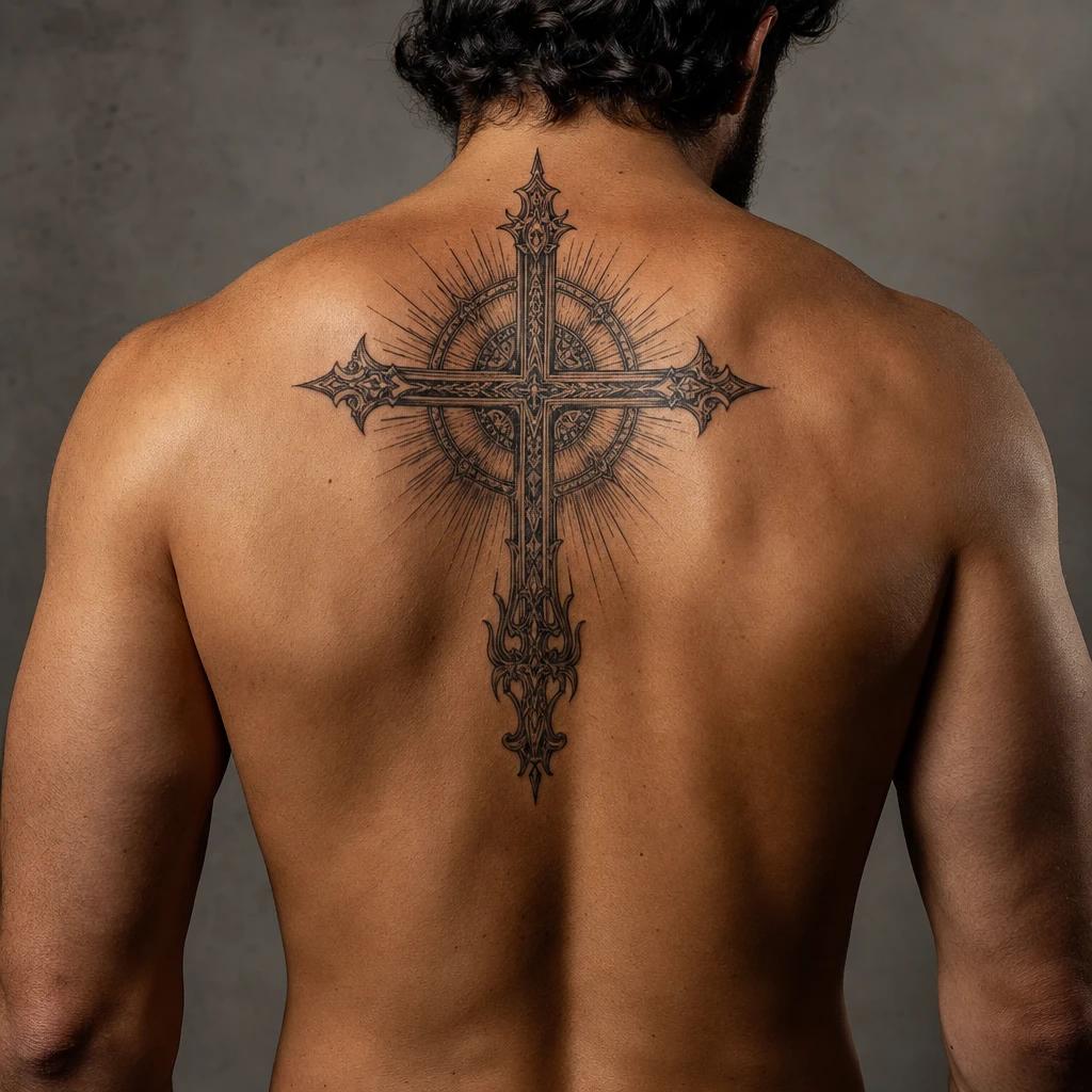 idée tatouage dos homme croix religieuse dos