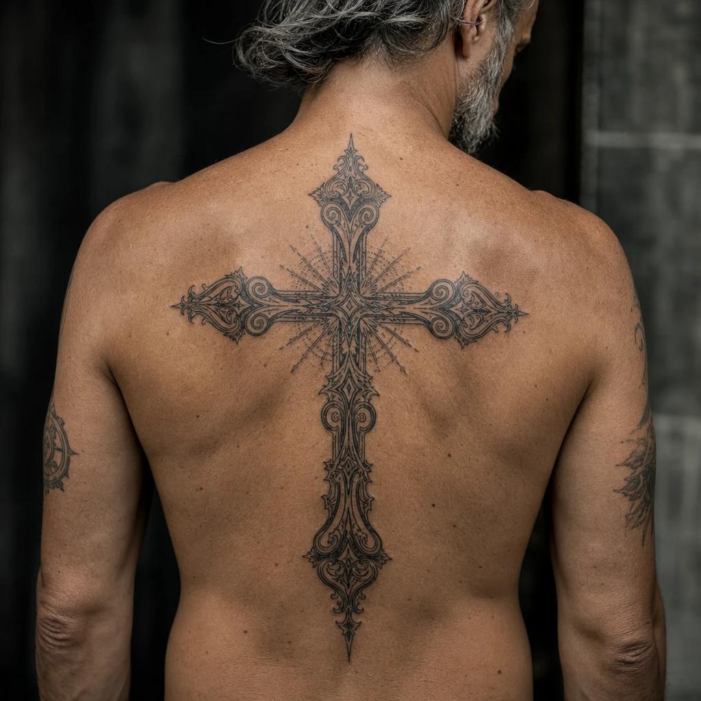 idée tatouage dos homme croix religieuse dos
