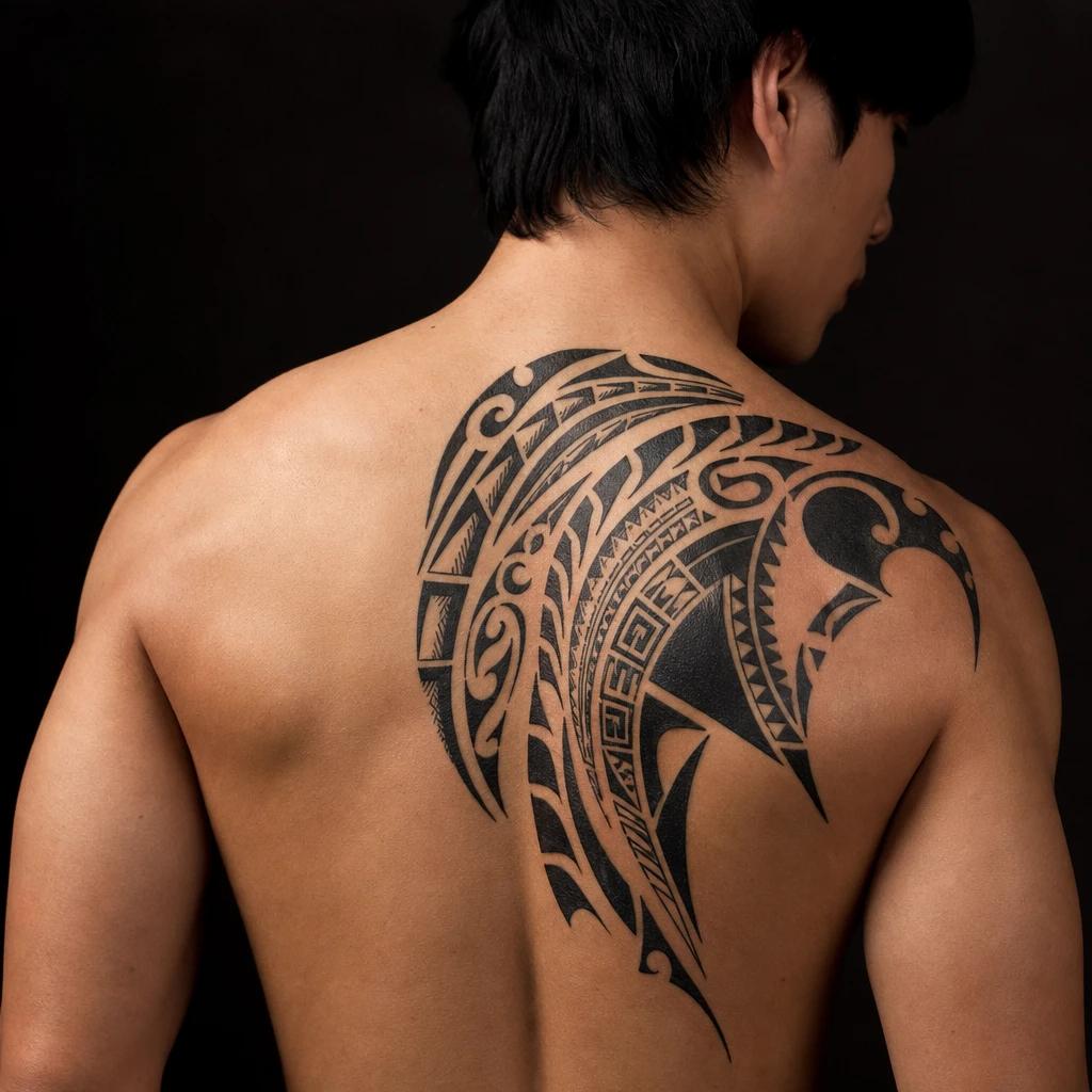 idée tatouage dos homme tribal polynésien épaule-dos