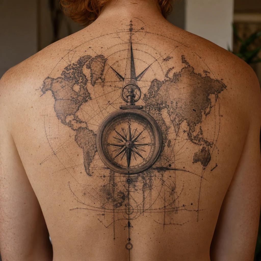 idée tatouage dos homme boussole et carte voyage
