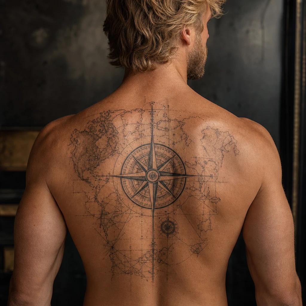 idée tatouage dos homme boussole et carte voyage