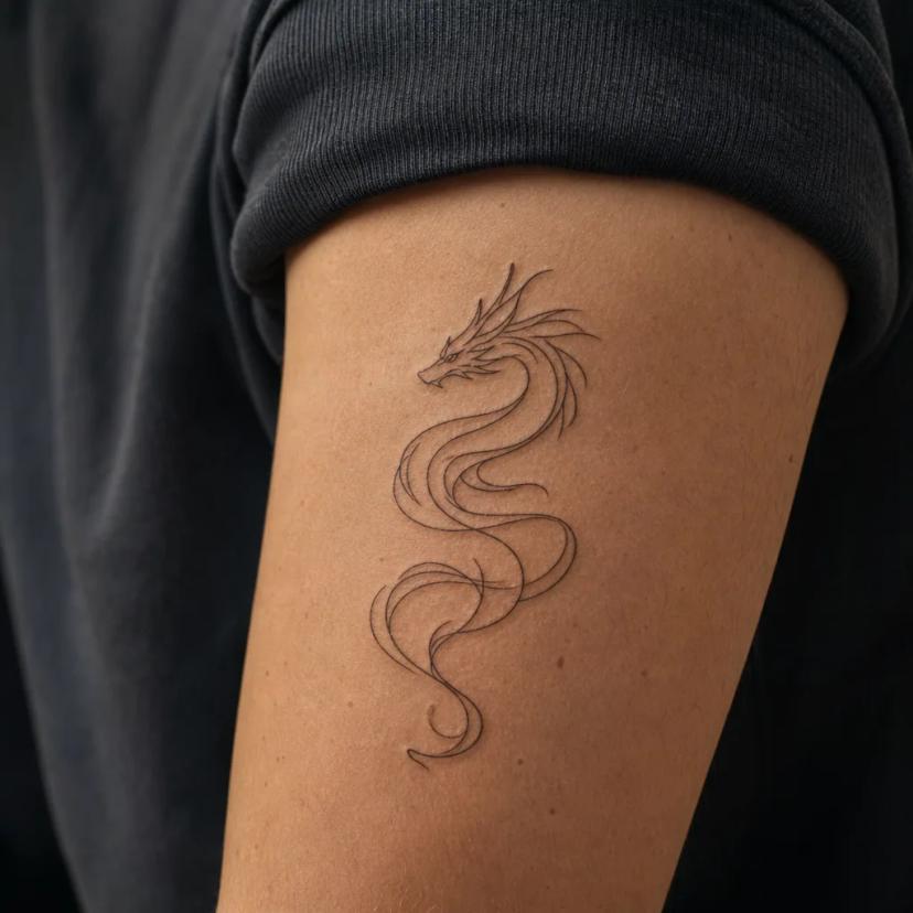 Tatouage dragon asiatique fine-line minimaliste sur le haut du bras, corps sinueux tracé en quelques lignes fines