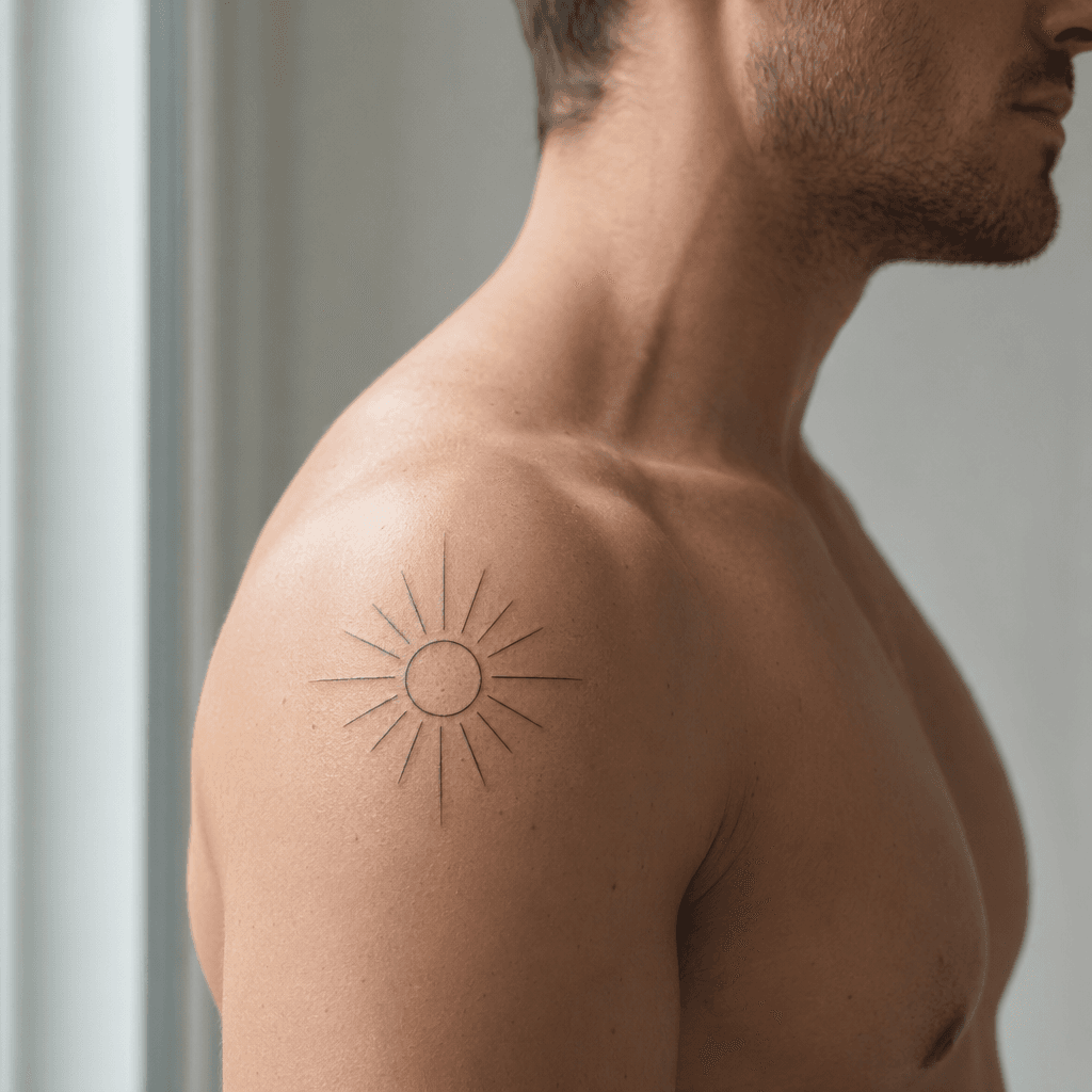 idée tatouage épaule soleil minimaliste rayonnant