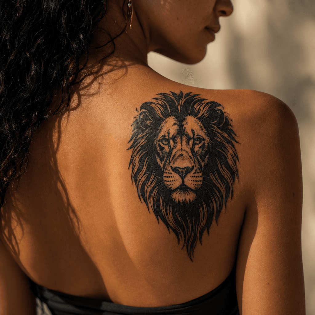 idée tatouage épaule lion blackwork majestueux