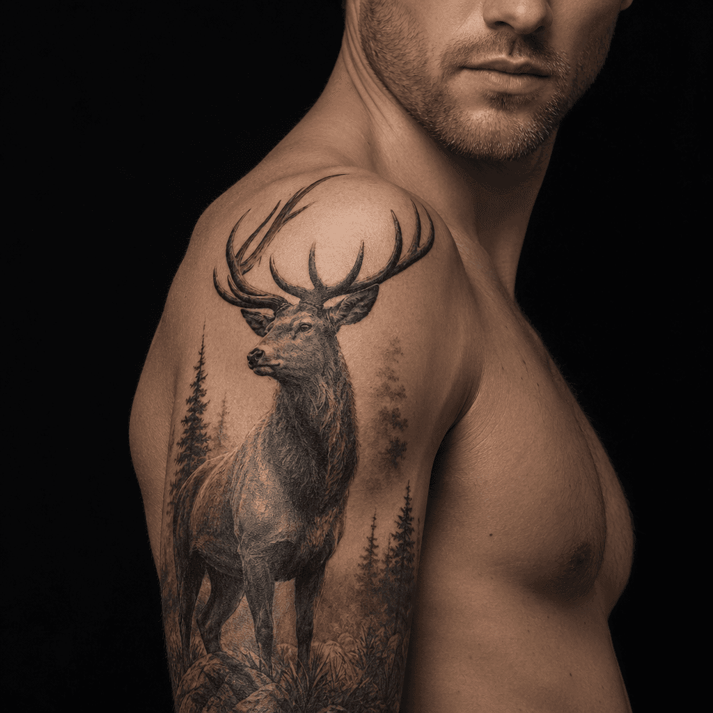 idée tatouage épaule cerf réaliste majestueux