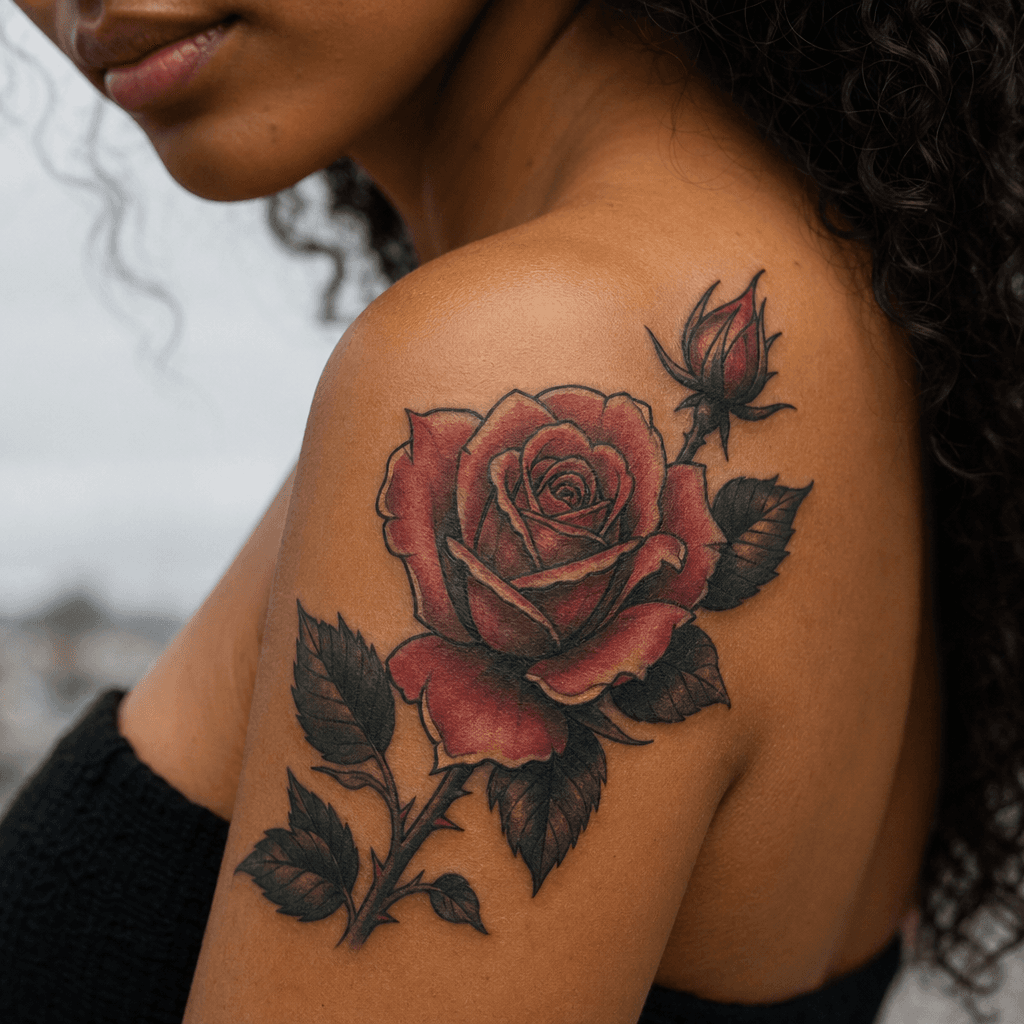 idée tatouage épaule rose néo-traditionnelle