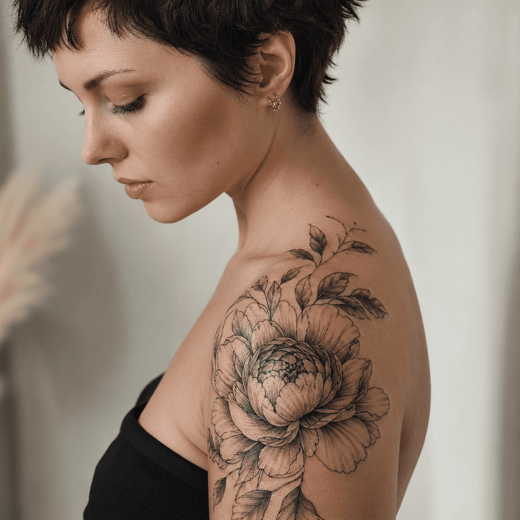 idée tatouage épaule pivoine florale détaillée