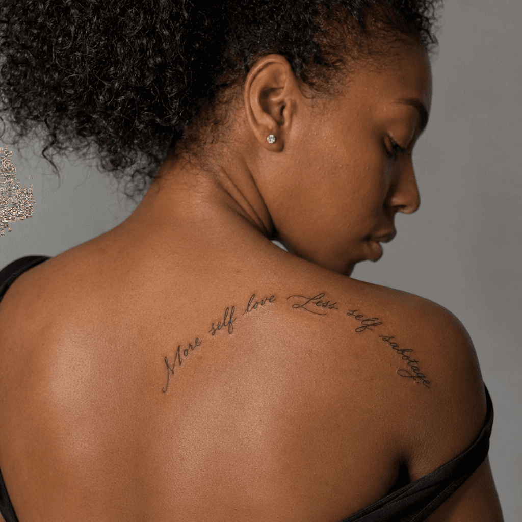 idée tatouage épaule phrase calligraphiée arquée