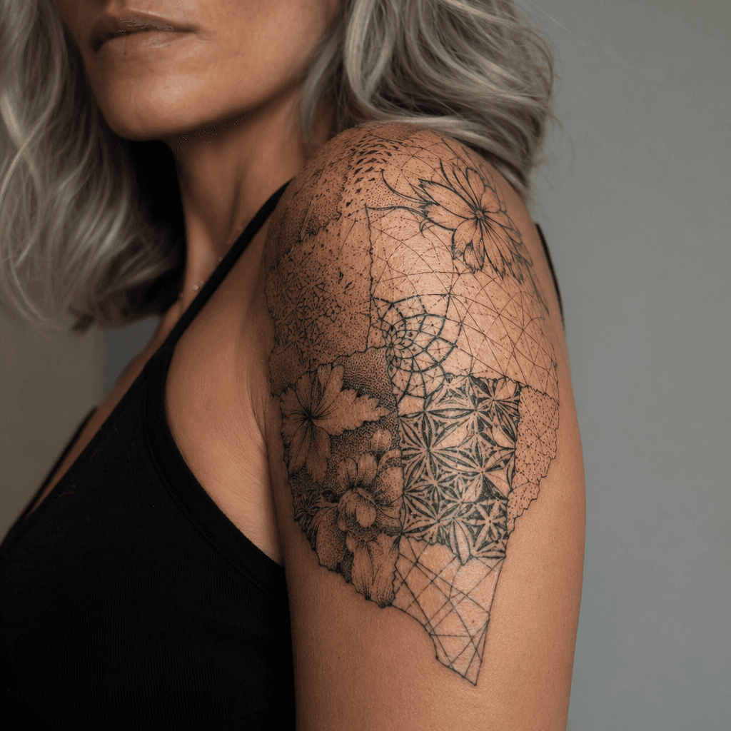 idée tatouage épaule patchwork épaule mixed