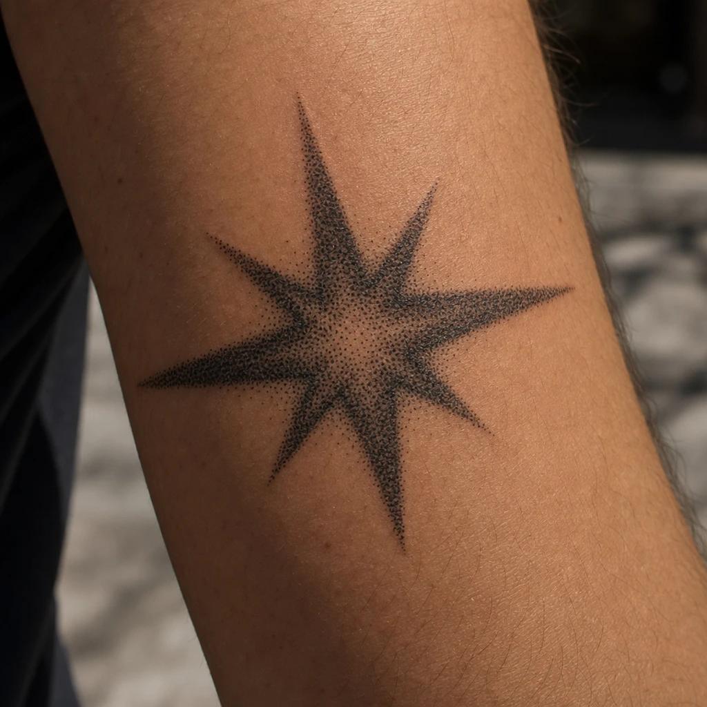 idée tatouage étoile étoile dotwork sacrée, photo réaliste sur peau