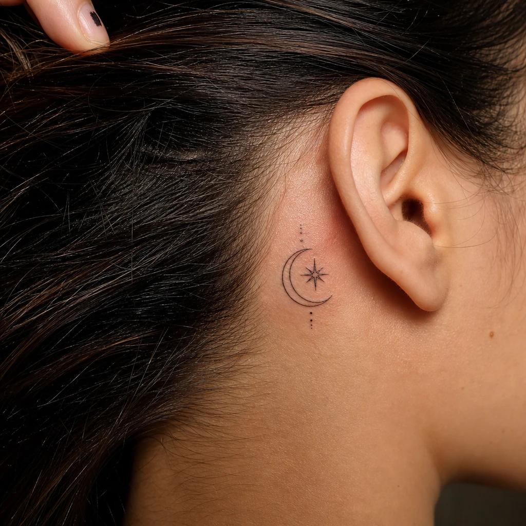 idée tatouage étoile étoile et croissant de lune, photo réaliste sur peau