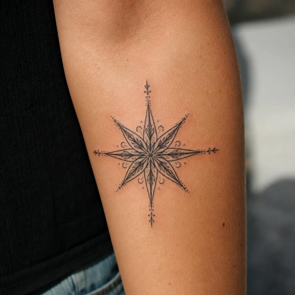 idée tatouage étoile étoile à huit branches ornementale, photo réaliste sur peau