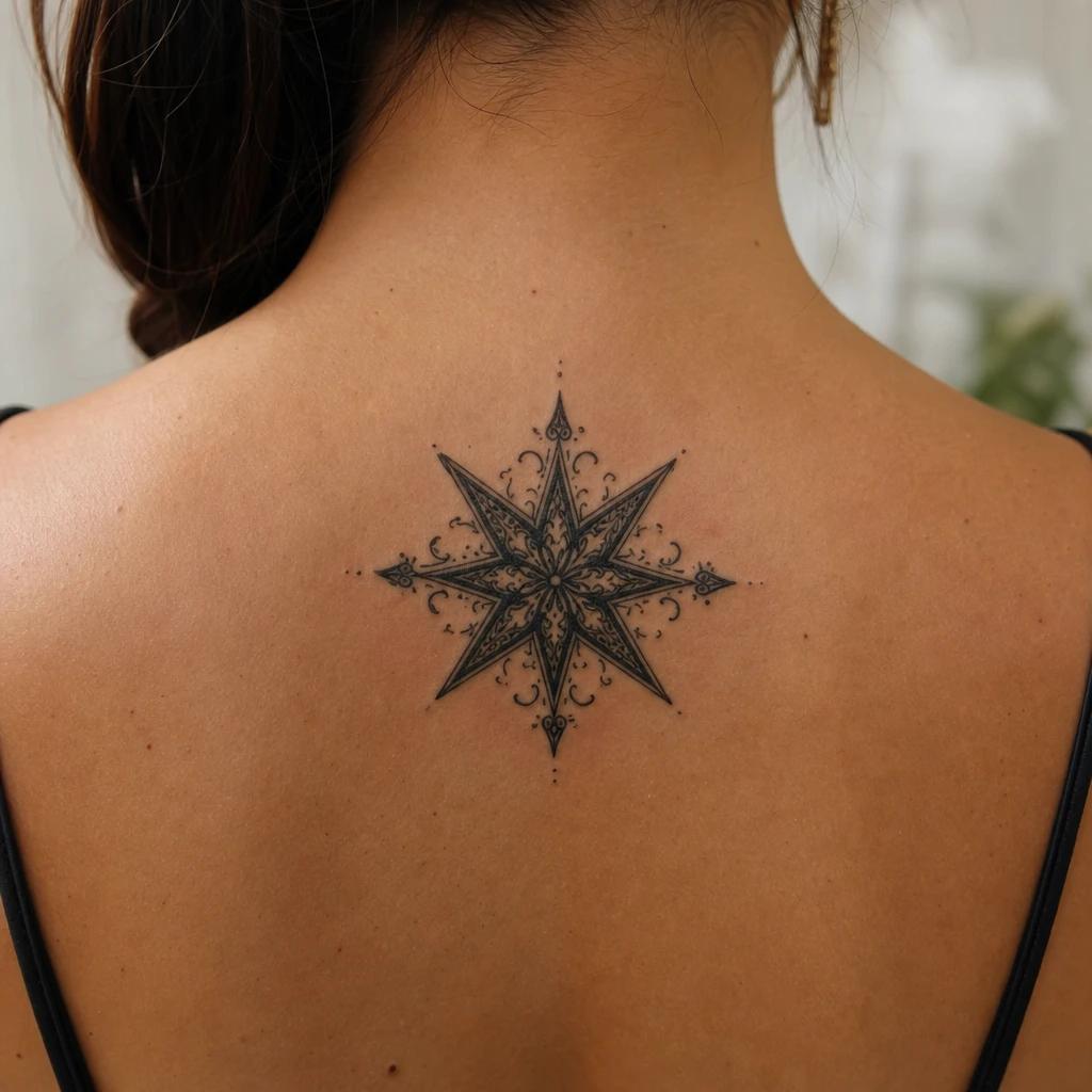 idée tatouage étoile étoile à huit branches ornementale, photo réaliste sur peau