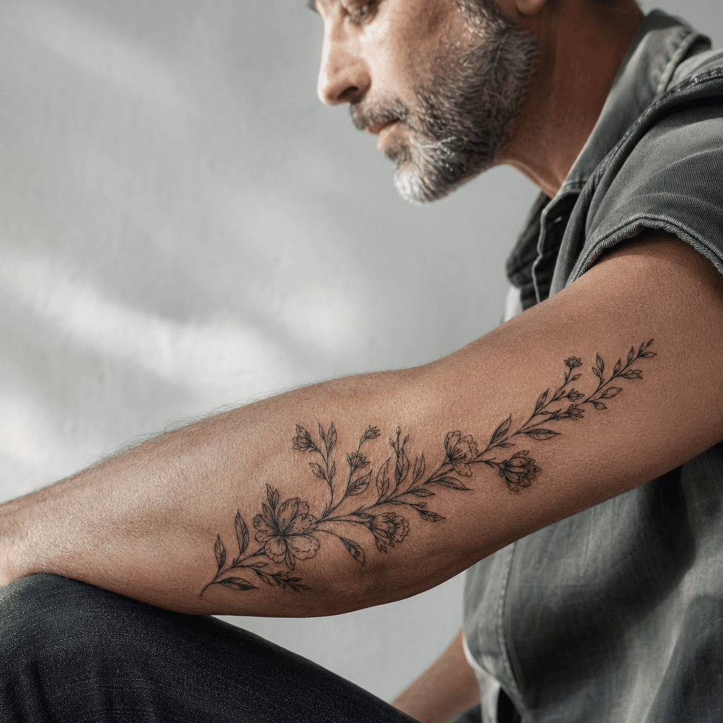 idée tatouage famille homme branche florale prénoms