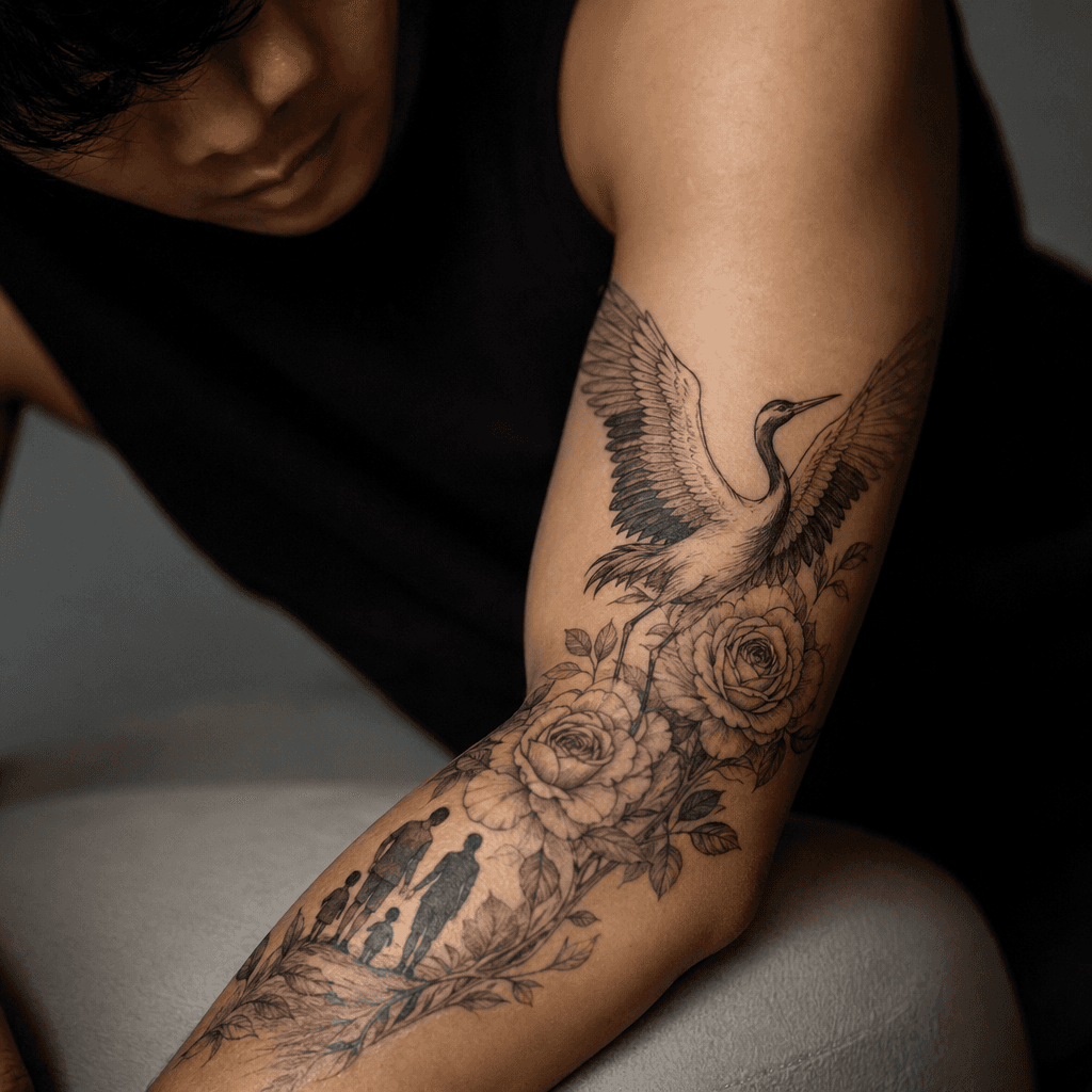 idée tatouage famille homme crâne et roses famille