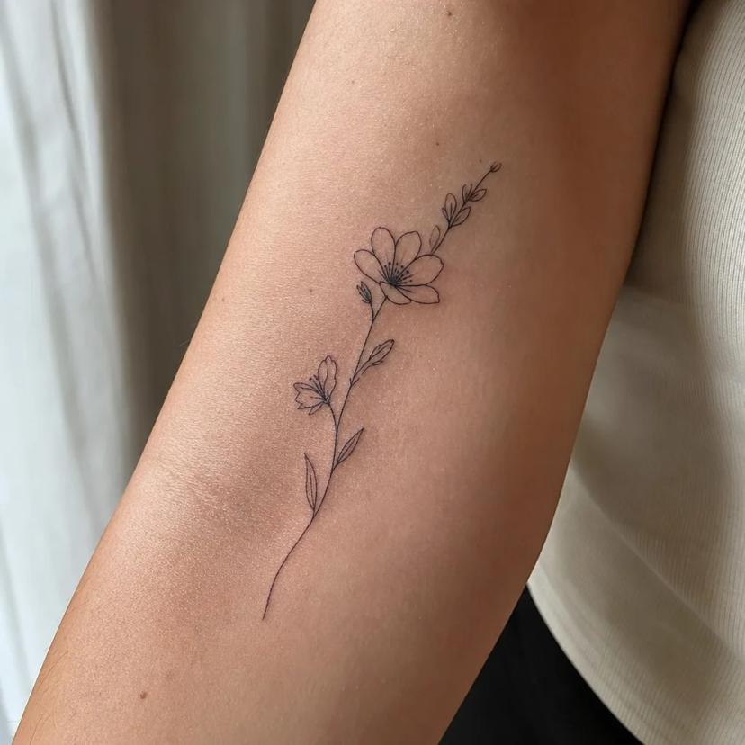 Tatouage fleur sauvage fine-line sur l'arrière du bras d'une femme