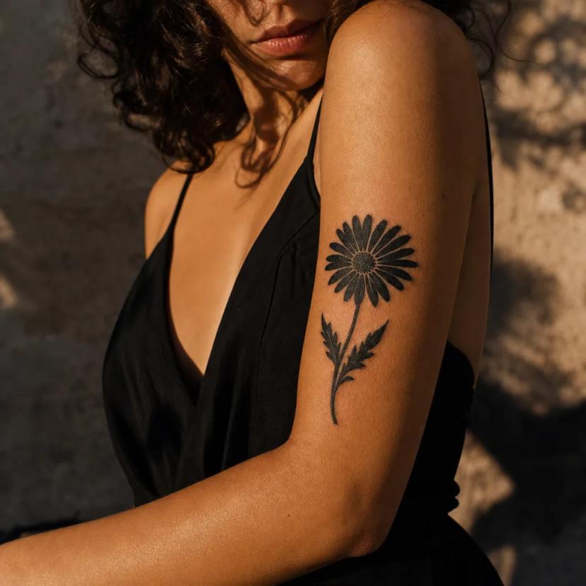 Tatouage marguerite en noir plein et dense, exemple de motif qui recouvre bien un ancien tatouage