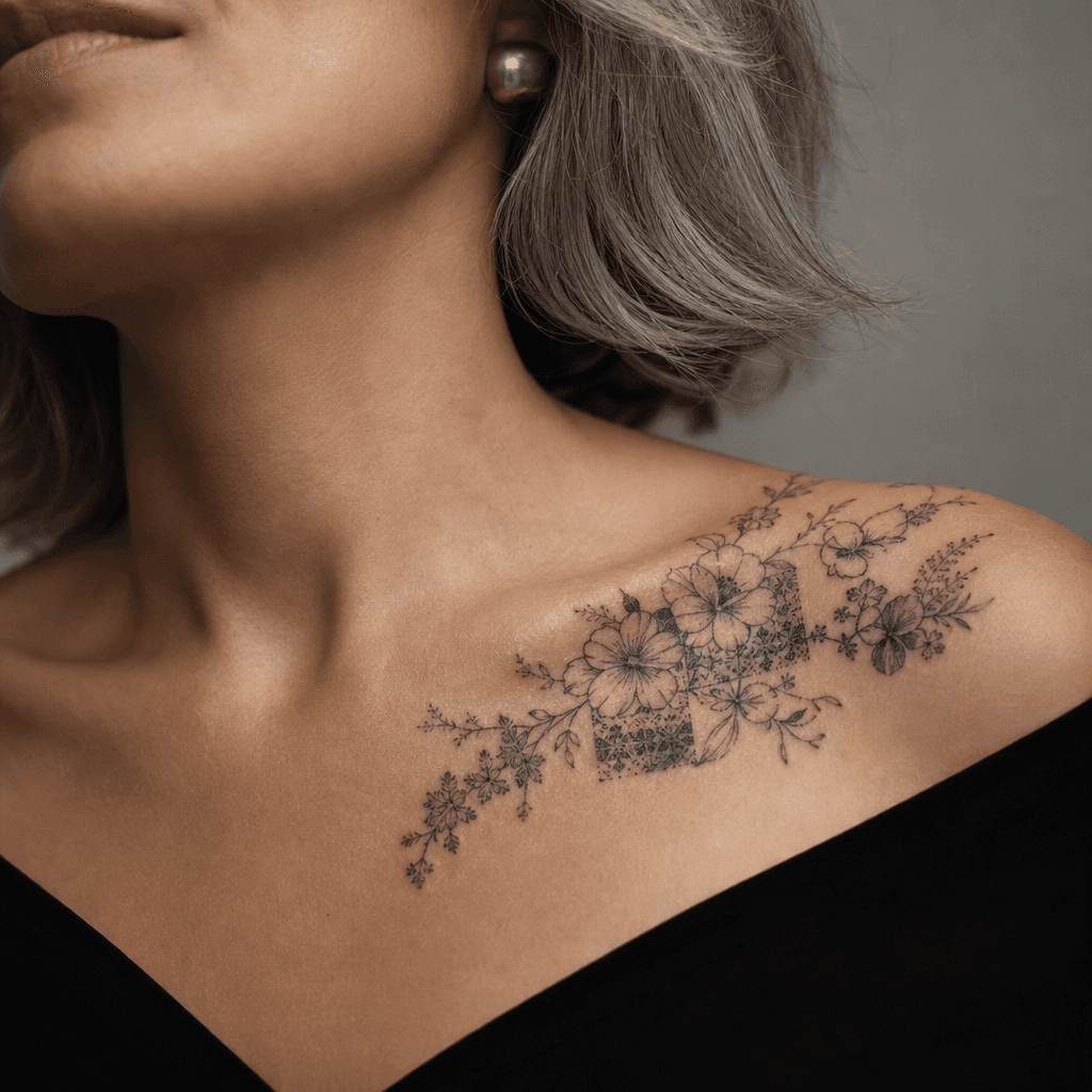 idée tatouage fleur patchwork floral vintage