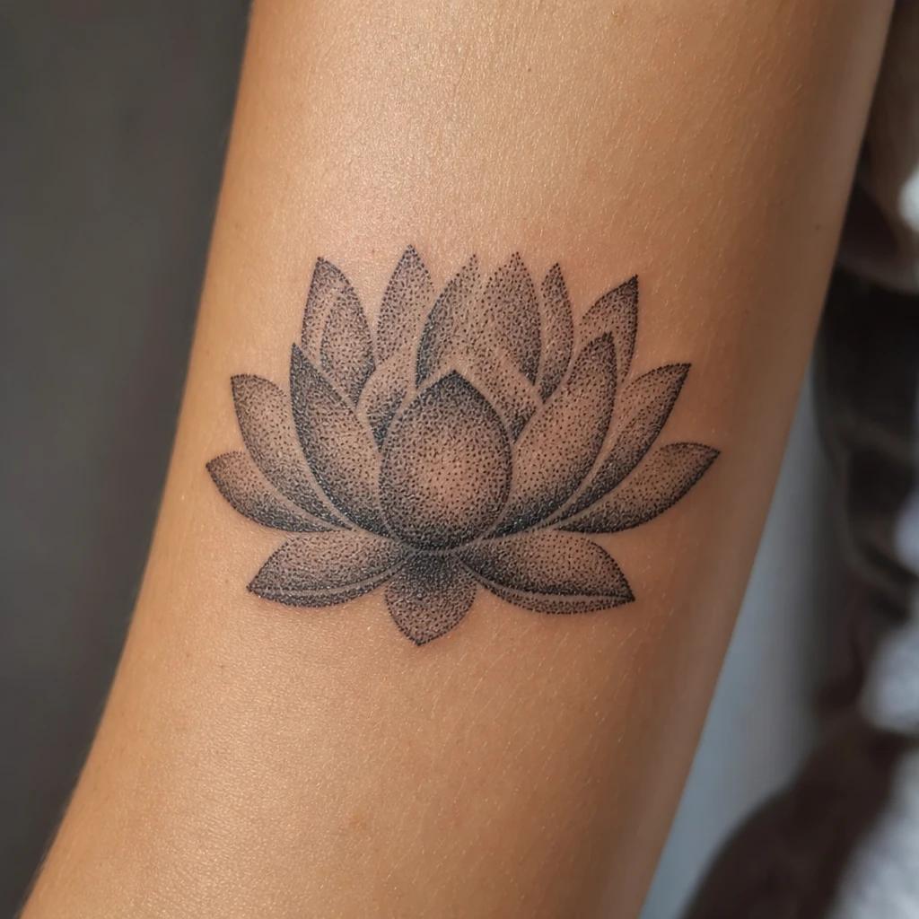 idée tatouage fleur de lotus lotus dotwork pointillisme, photo réaliste sur peau